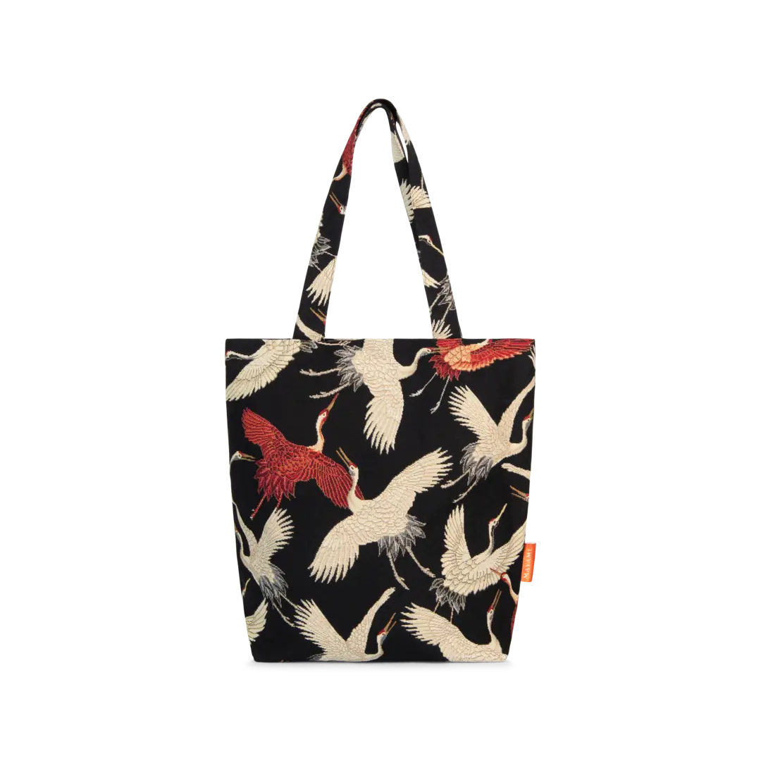 Stylish crane bird print shopper tote bag tas mayame handmade handgemaat